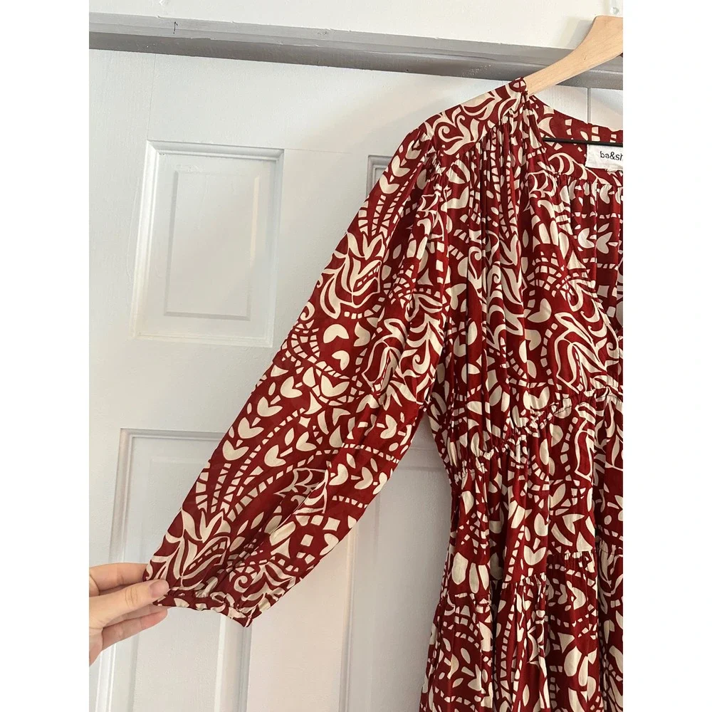 ba&sh Lady Dress Red Cream Abstract Print V-Neck Mini Dress Womens Size M‎